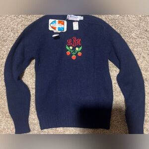 Vintage Robert Scott Wool Navy Crew Sweater Raspberry Embroidery LBH Initials